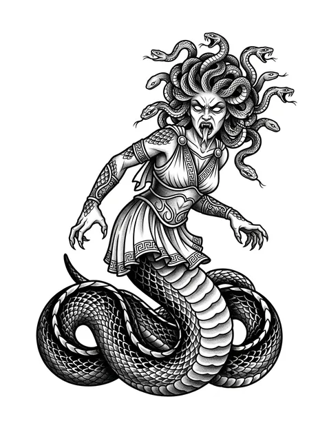 Black and grey neo traditional medusa and snake tattoo design