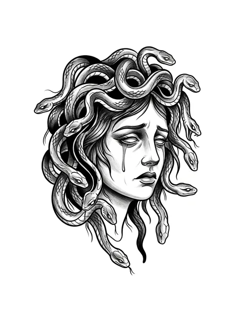 Black and grey neo traditional medusa and snake tattoo design