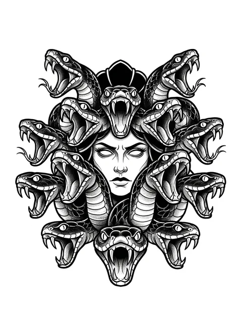 Black and grey neo traditional medusa and snake tattoo design