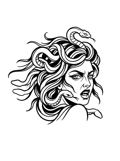Black and grey neo traditional medusa and snake tattoo design