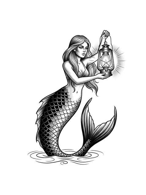 Black and grey neo traditional mermaid and lantern tattoo design