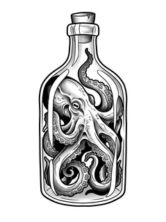 Black and grey neo traditional octopus tattoo design: an octopus trapped inside a glass bottle