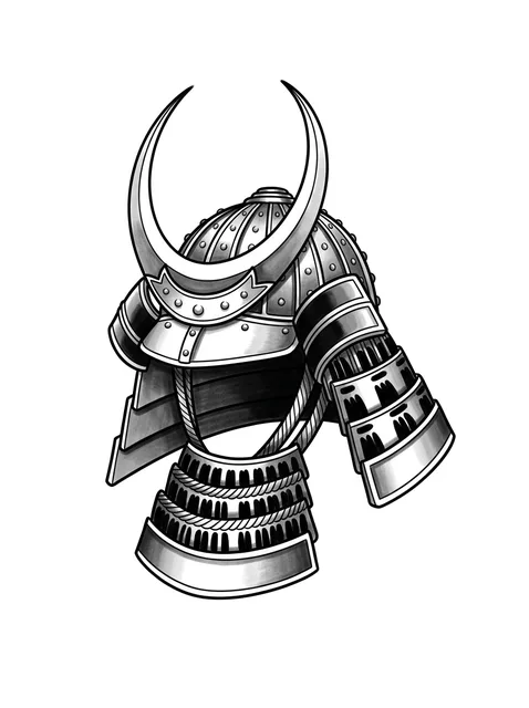 Black and grey neo traditional samurai tattoo design: a samurai helmet