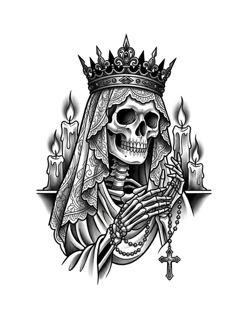 Black and grey neo traditional santa muerte and skeleton tattoo design