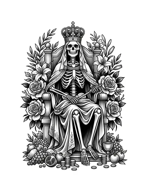 Black and grey neo traditional santa muerte and skeleton tattoo design