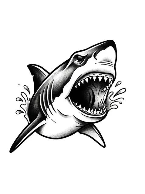 Black and grey neo traditional shark tattoo design: a shark bursting from the water