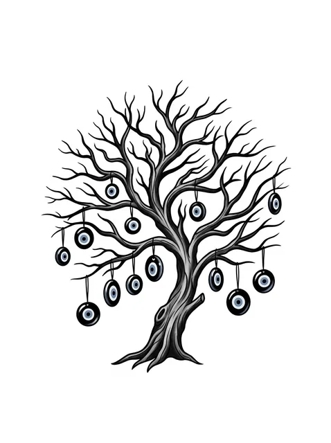 Black and grey neo traditional evil eye and tree tattoo design