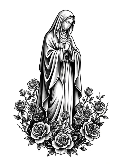 Black and grey neo traditional virgin mary and rose tattoo design