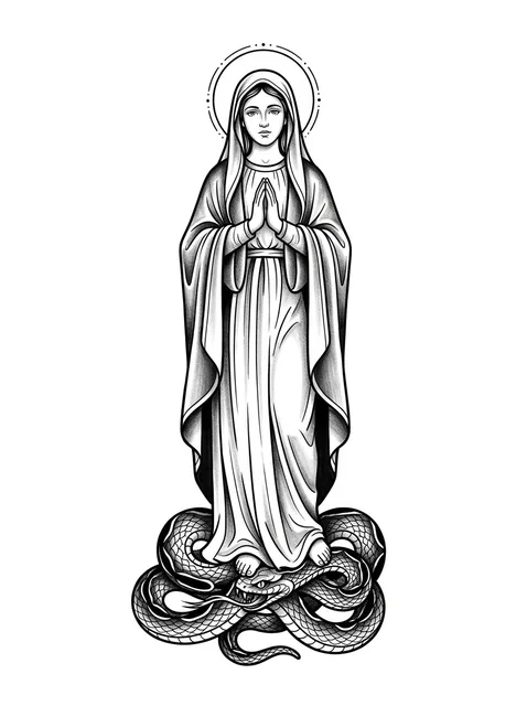 Black and grey neo traditional virgin mary and snake tattoo design