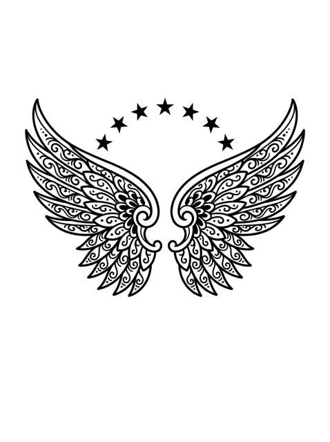 Black and grey ornamental angel wings and star tattoo design