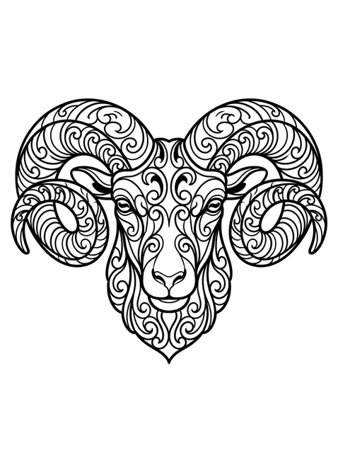 Black and grey ornamental aries and goat tattoo design: the ram's face and large, curling horns