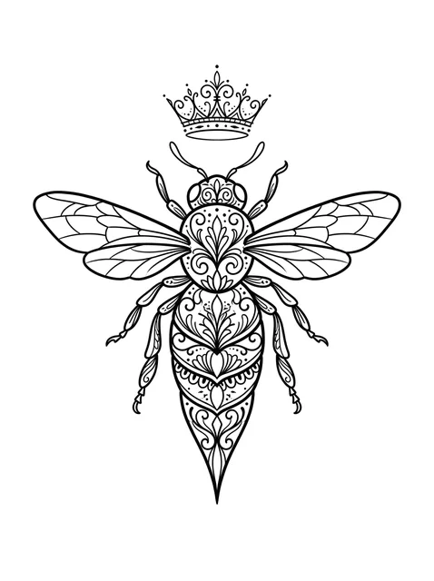 Black and white ornamental bee and crown tattoo design