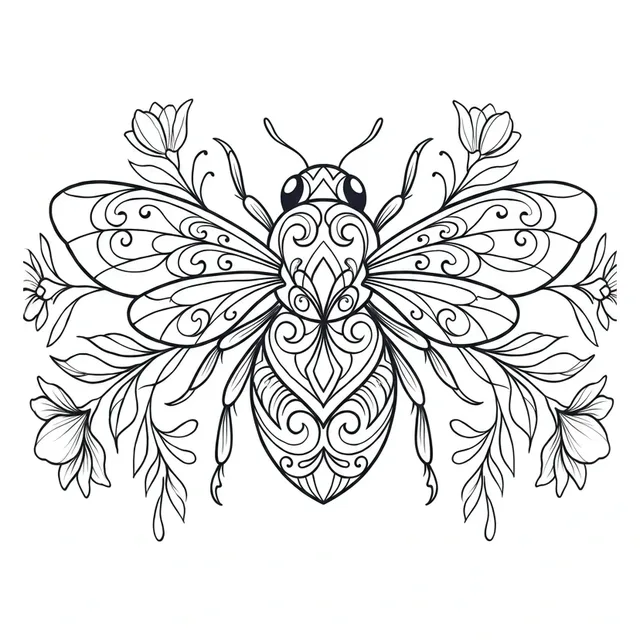 Black and grey ornamental bee and flower tattoo design