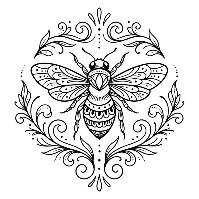 Black and grey ornamental bee and leaf tattoo design