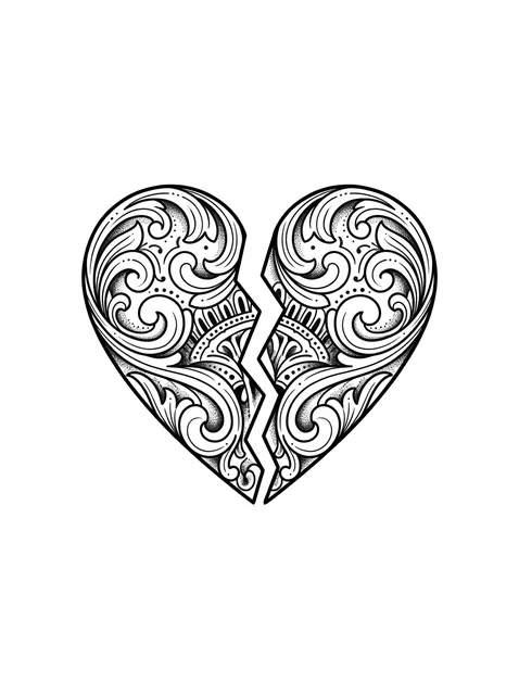 Black and grey ornamental broken heart tattoo design