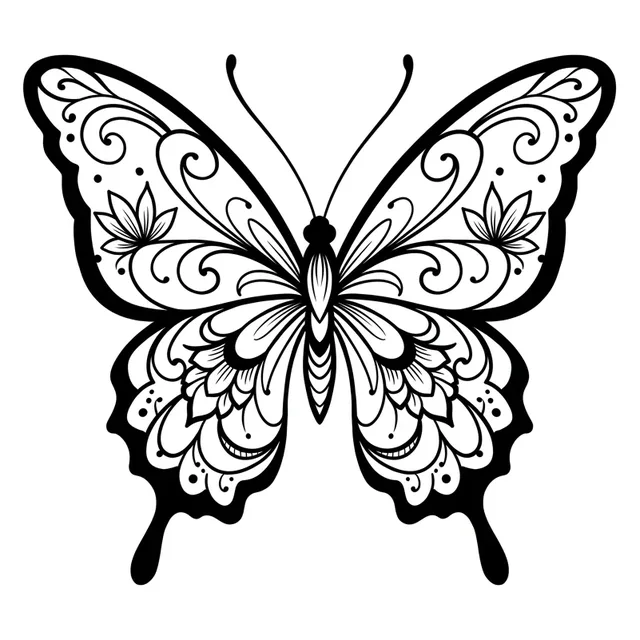 Black and white ornamental butterfly and flower tattoo design