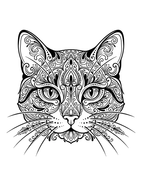 Black and grey ornamental cat and mandala tattoo design
