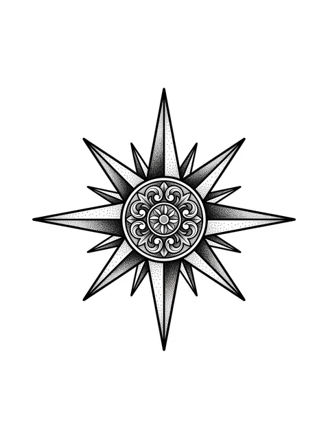 Black and grey ornamental compass and mandala tattoo design: a detailed mandala-like center