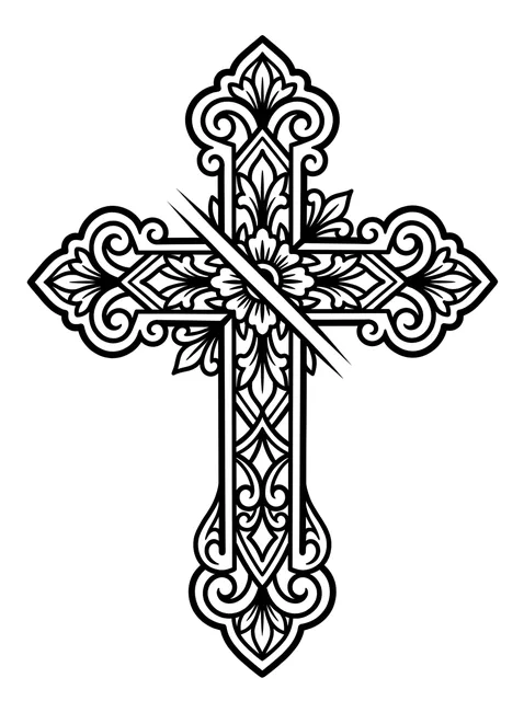 Black and grey ornamental cross and flower tattoo design