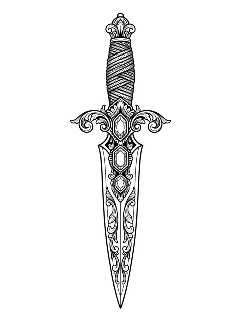 Black and white ornamental dagger tattoo design