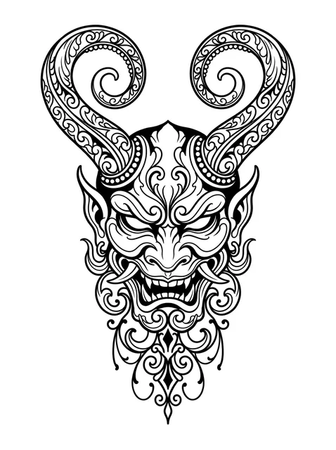 Tattoo-Vorlage mit einem Dämon, Stil: ornamental, in Schwarz-Grau