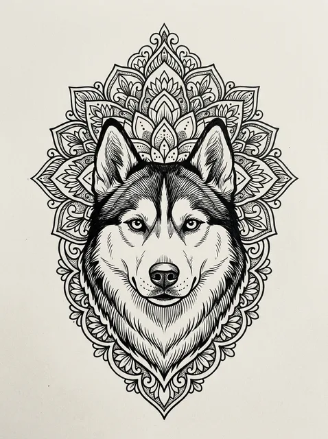 Black and grey ornamental dog and mandala tattoo design: a detailed wolf or husky head