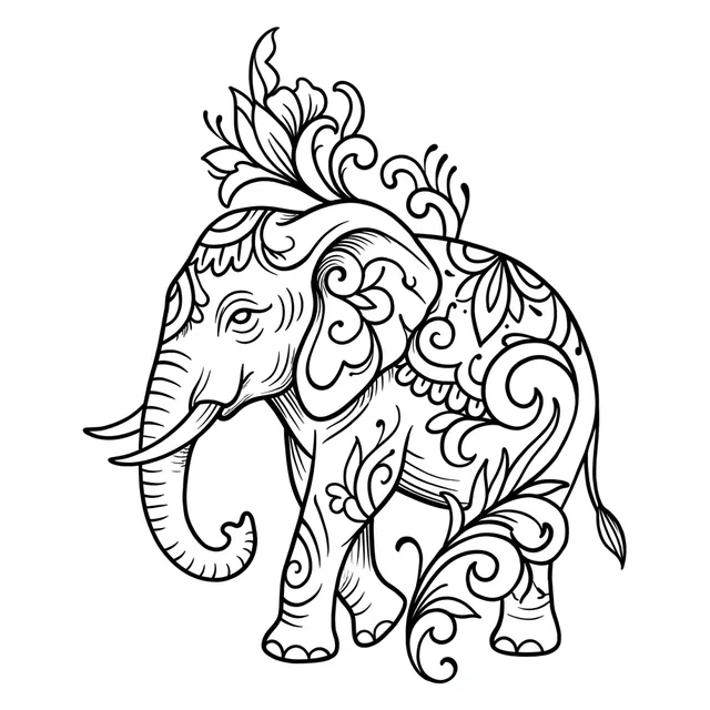 Black and grey ornamental elephant and flower tattoo design