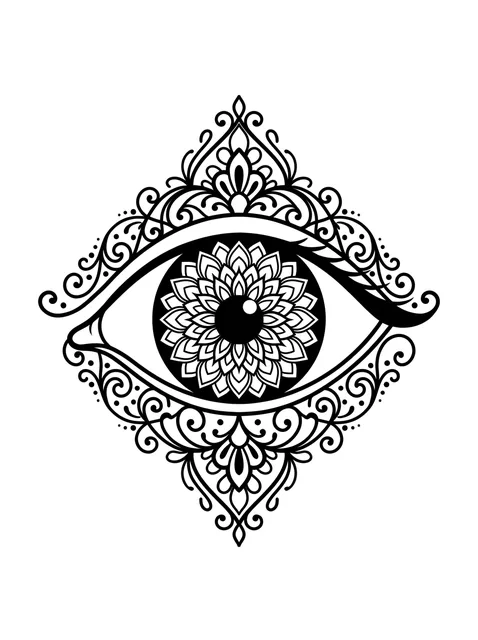 Black and grey ornamental evil eye and mandala tattoo design
