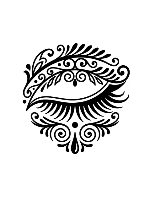 Black and grey ornamental eye and leaf tattoo design