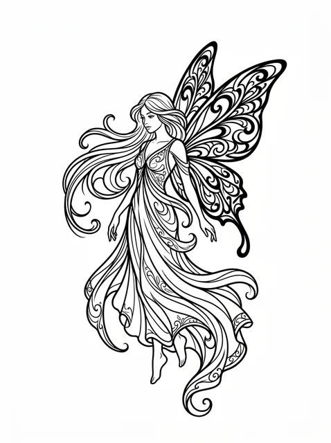 Black and grey ornamental fairy tattoo design
