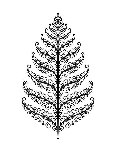 Black and grey ornamental fern tattoo design: a straight stem