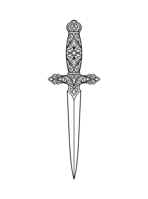 Black and grey ornamental filler and dagger tattoo design: a long narrow blade