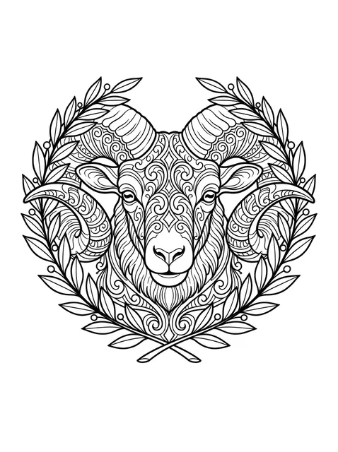 Black and grey ornamental goat and leaf tattoo design: a ram's head