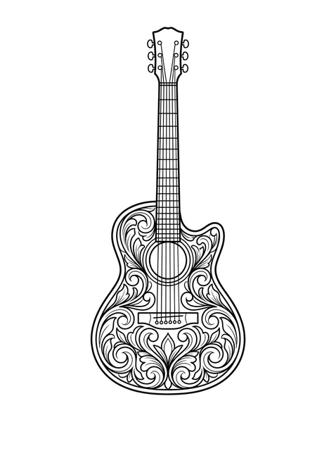 Black and grey ornamental guitar tattoo design