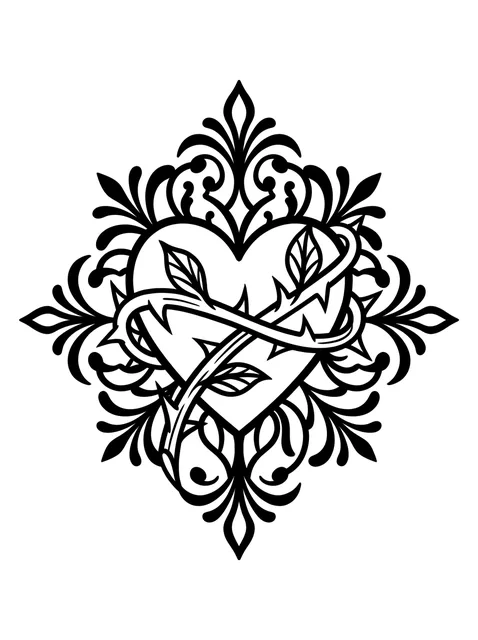 Black and grey ornamental heart and vine tattoo design