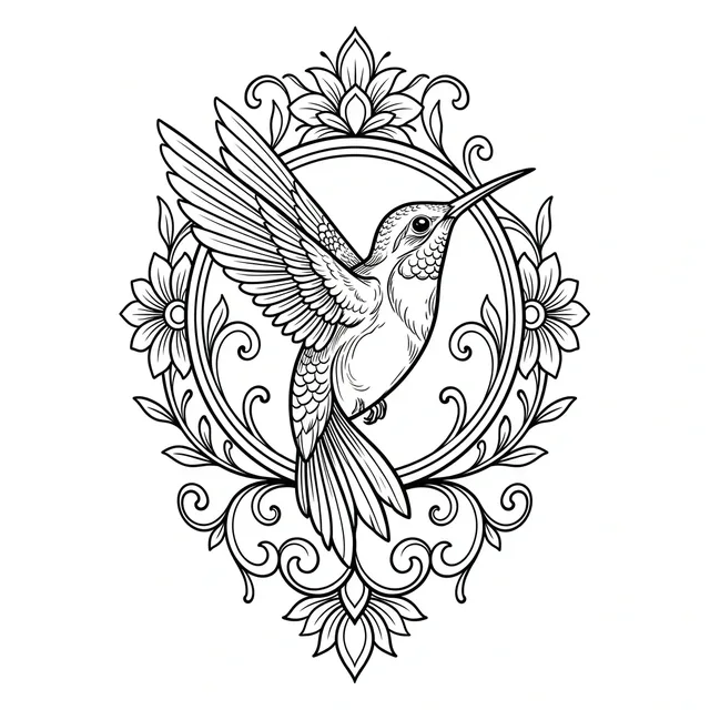 ornamental Hummingbird tattoo design, black and grey