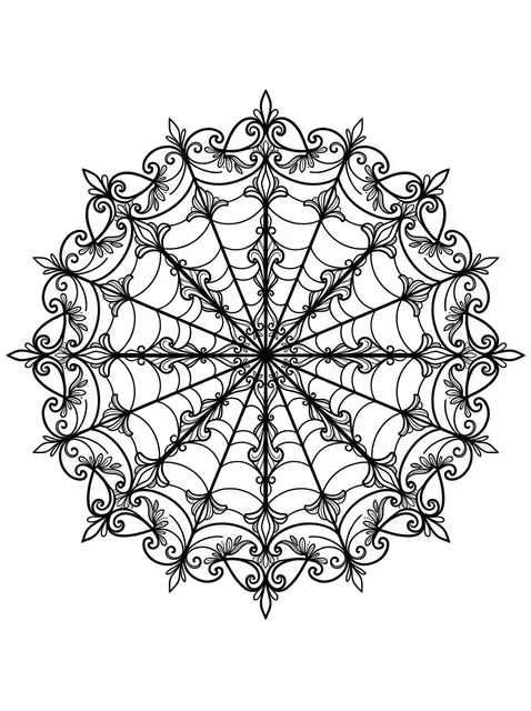 Black and grey ornamental mandala tattoo design: a spiderweb-like structure at its core