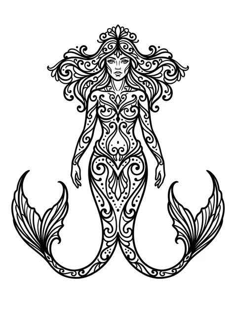Black and grey ornamental mermaid tattoo design