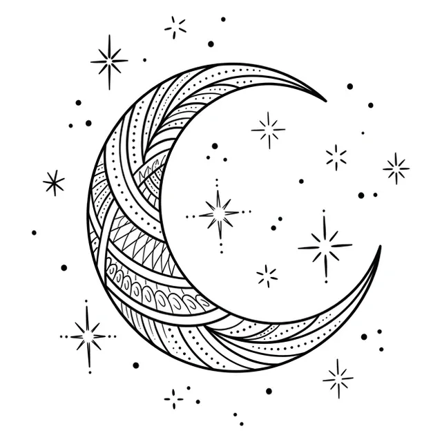 Black and grey ornamental moon and star tattoo design