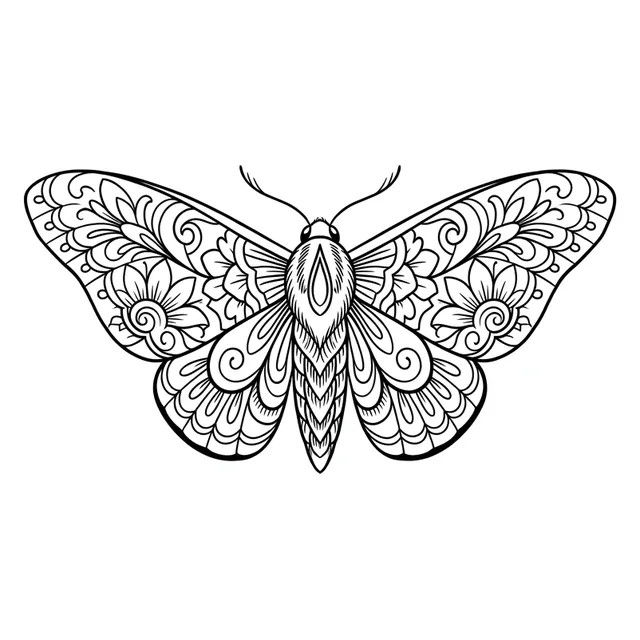 Black and white ornamental moth and flower tattoo design