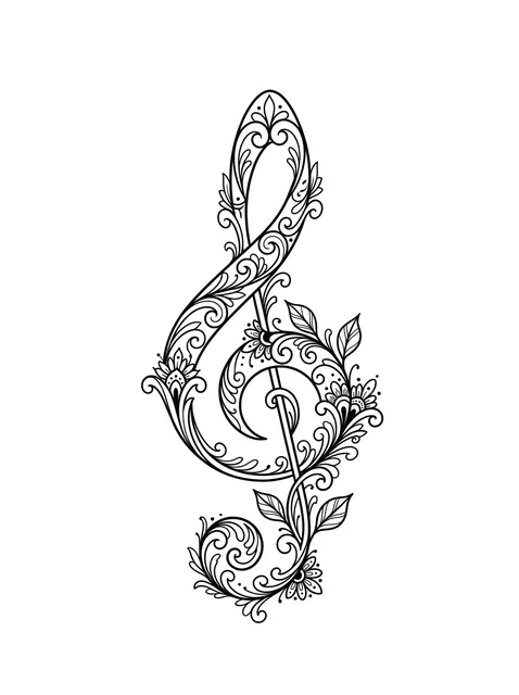 Black and grey ornamental music note and flower tattoo design