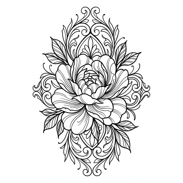 Black and white ornamental peony and leaf tattoo design: a central peony flower