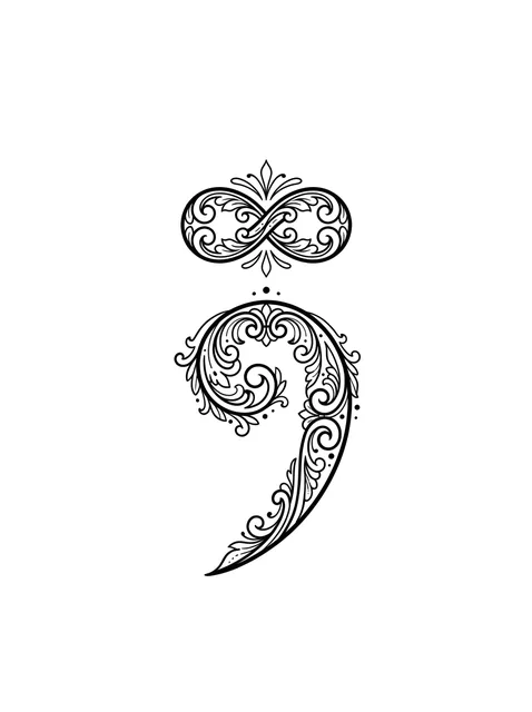 Black and grey ornamental semicolon and infinity tattoo design