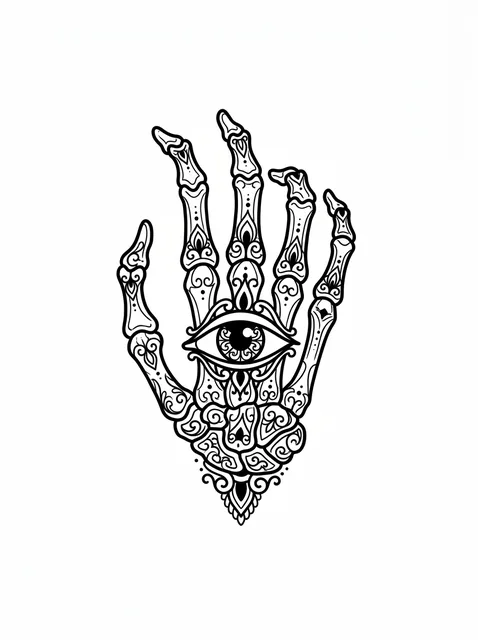 Black and grey ornamental skeleton hand and eye tattoo design