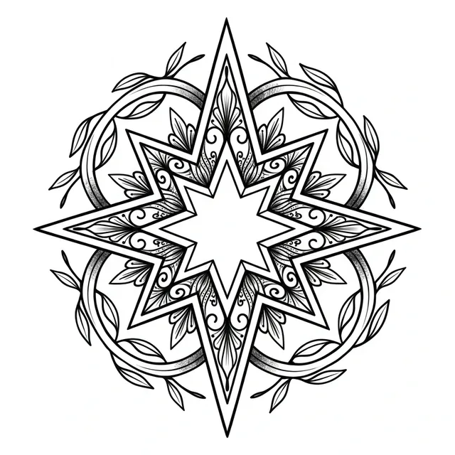 Black and grey ornamental star and leaf tattoo design