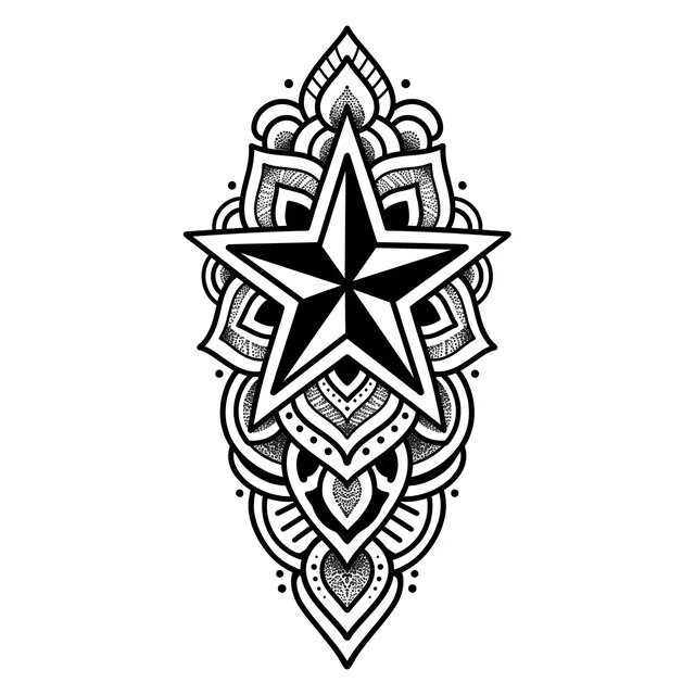 Black and grey ornamental star and mandala tattoo design