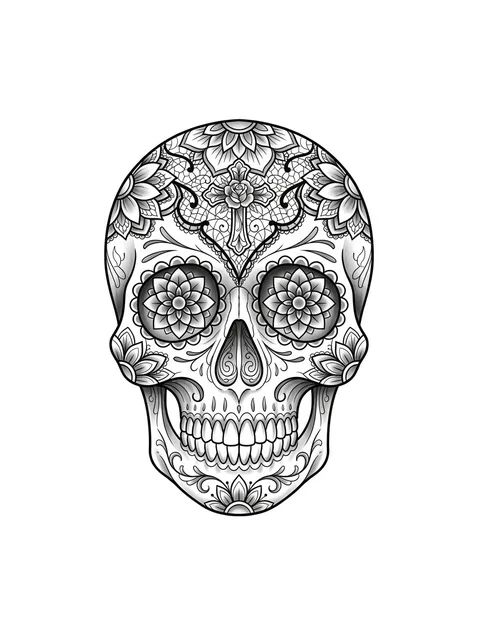 Black and grey ornamental sugar skull tattoo design