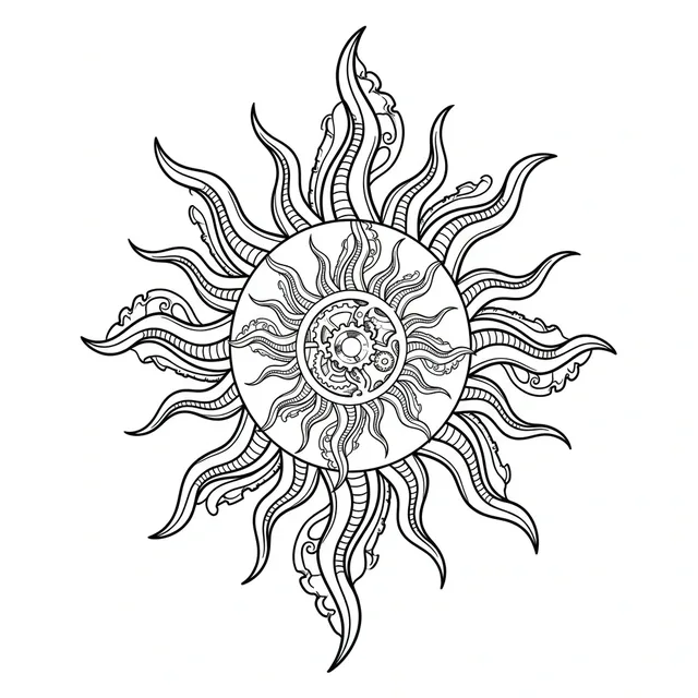 ornamental Sun tattoo design, black and grey