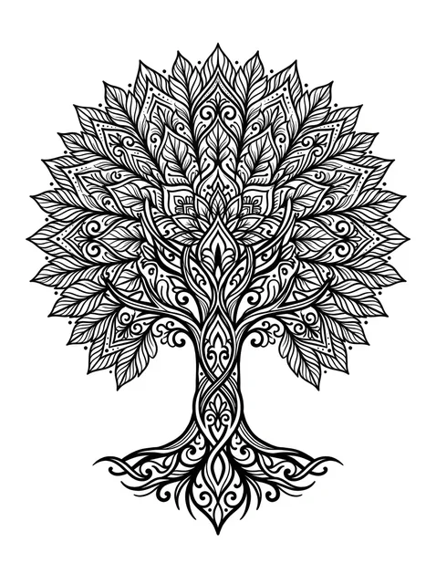 Black and grey ornamental mandala and tree of life tattoo design