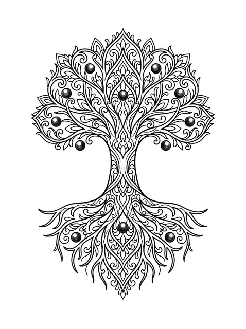 Black and grey ornamental tree of life and mandala tattoo design